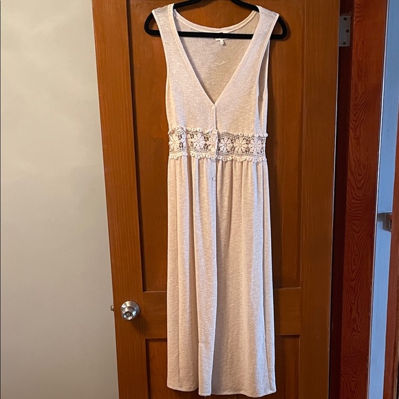 one clothing Sweaters - ONE CLOTHING Sleeveless Crochet Cream Knit Maxi Duster Button Resortwear Sweater
